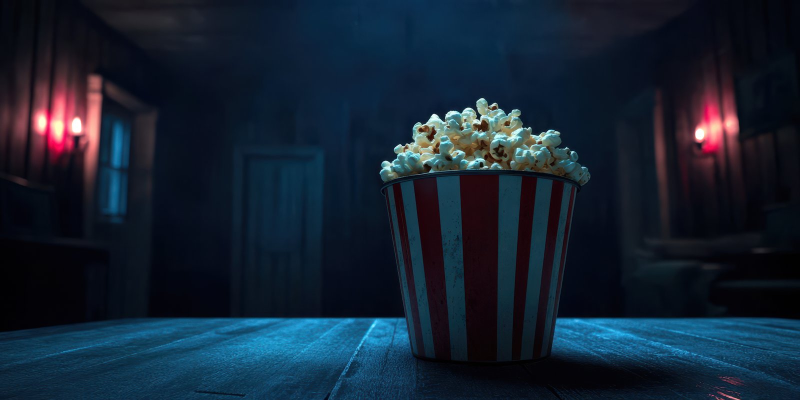 Popcorn bucket in a dimly lit room creating a spooky atmosphere for late night movie watching